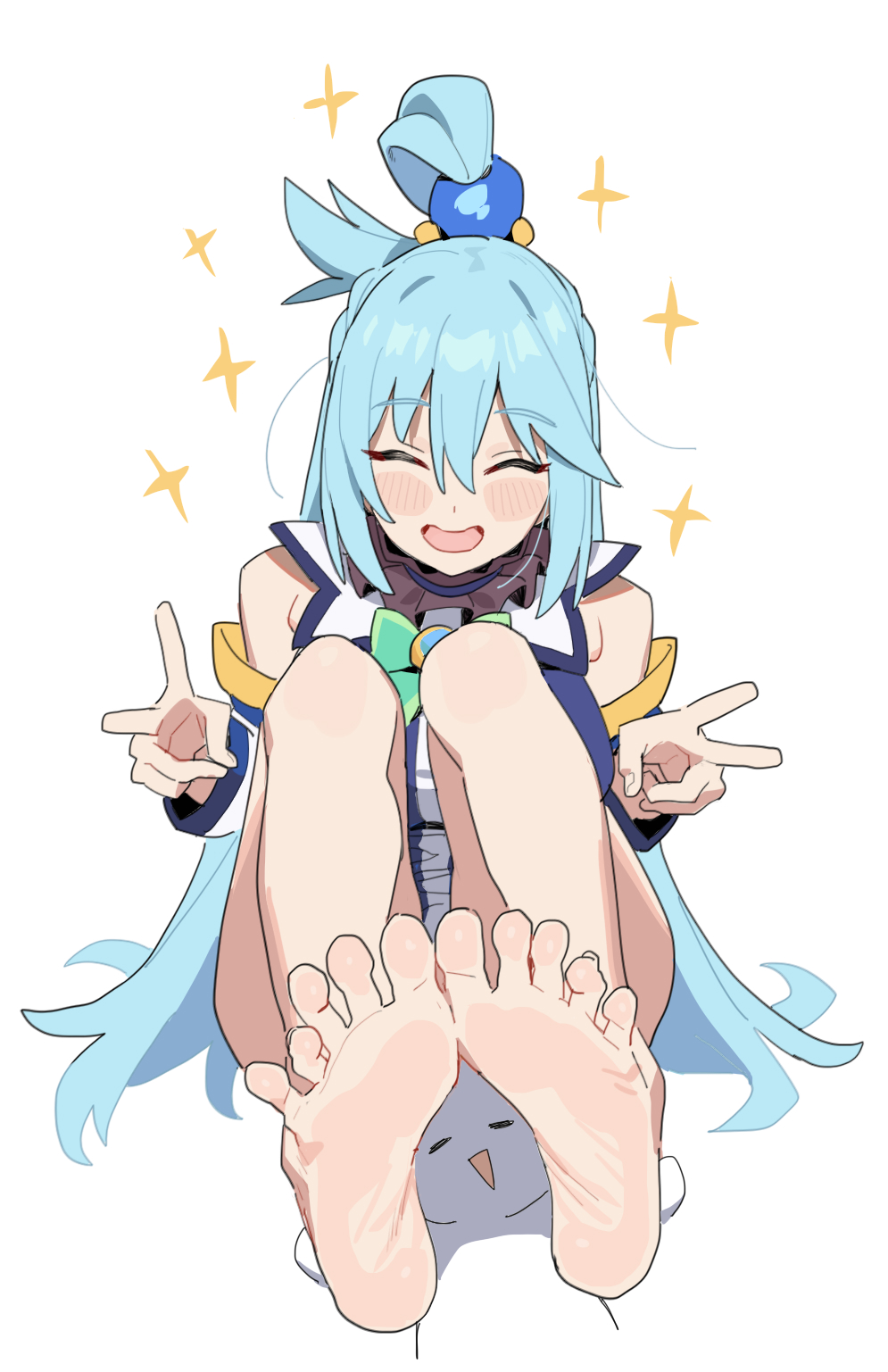 1girl 1other :d ^_^ aqua_(konosuba) bare_legs bare_shoulders barefoot blue_hair blush_stickers closed_eyes commentary cyjalway detached_sleeves double_v english_commentary facing_viewer feet foot_focus full_body hair_between_eyes highres kono_subarashii_sekai_ni_shukufuku_wo! light_blue_hair long_hair open_mouth simple_background sitting smile soles solo_focus sparkle toes v very_long_hair white_background