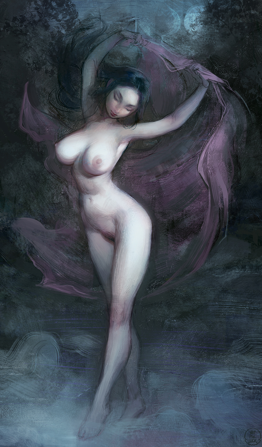 1girl arms_up black_hair breasts cape closed_eyes completely_nude contrapposto dancing female_pubic_hair full_body highres holding holding_cape holding_clothes large_breasts long_hair long_legs nat_the_lich navel nipples nude original outdoors pandora_(nat_the_lich) pubic_hair solo