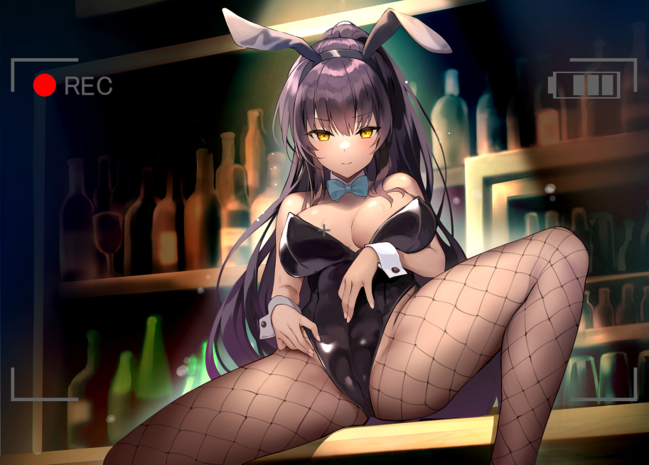 1girl animal_ears bar_(place) bare_shoulders black_hair black_leotard blue_archive blue_bow blue_bowtie bottle bow bowtie breasts cleavage closed_mouth dark-skinned_female dark_skin detached_collar duplicate fake_animal_ears fishnet_pantyhose fishnets karin_(blue_archive) karin_(bunny)_(blue_archive) large_breasts leotard long_hair looking_at_viewer official_alternate_costume pantyhose pixel-perfect_duplicate ponytail rabbit_ears recording rei_(rei's_room) sitting solo thighs yellow_eyes
