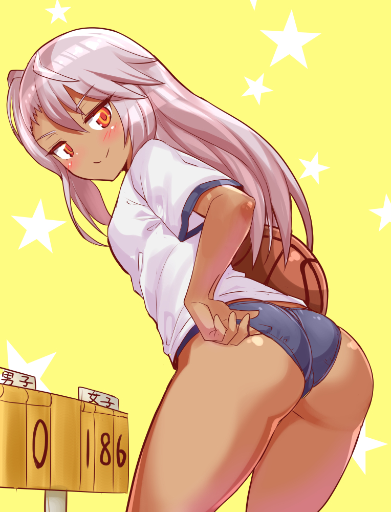 1girl adjusting_buruma adjusting_clothes ass ball basketball blue_buruma blush buruma chloe_von_einzbern closed_mouth commentary commission cougar_(cougar1404) cowboy_shot dark-skinned_female dark_skin english_commentary fate/kaleid_liner_prisma_illya fate_(series) from_behind grey_hair gym_shirt gym_uniform half-closed_eyes holding holding_ball leaning_forward long_hair looking_at_viewer looking_back mixed-language_commentary orange_eyes scoreboard shirt short_sleeves skeb_commission smile solo standing starry_background t-shirt translated white_shirt