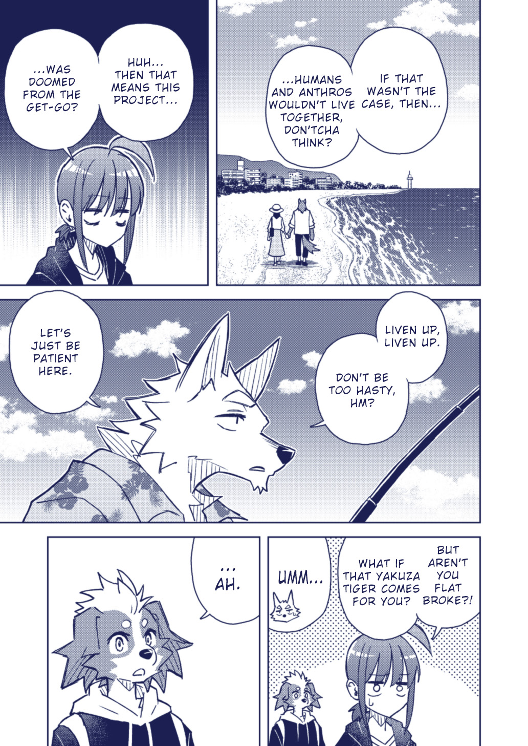 aira_kokonatsu ambiguous_gender anthro beach canid canine canis clothed clothing comic domestic_dog english_text female fishing fishing_rod gen_kiryu group hand_holding hi_res human human_on_anthro interspecies male mammal monochrome popwitter_ox romantic romantic_couple seaside senri_ooedo text translated water wolf