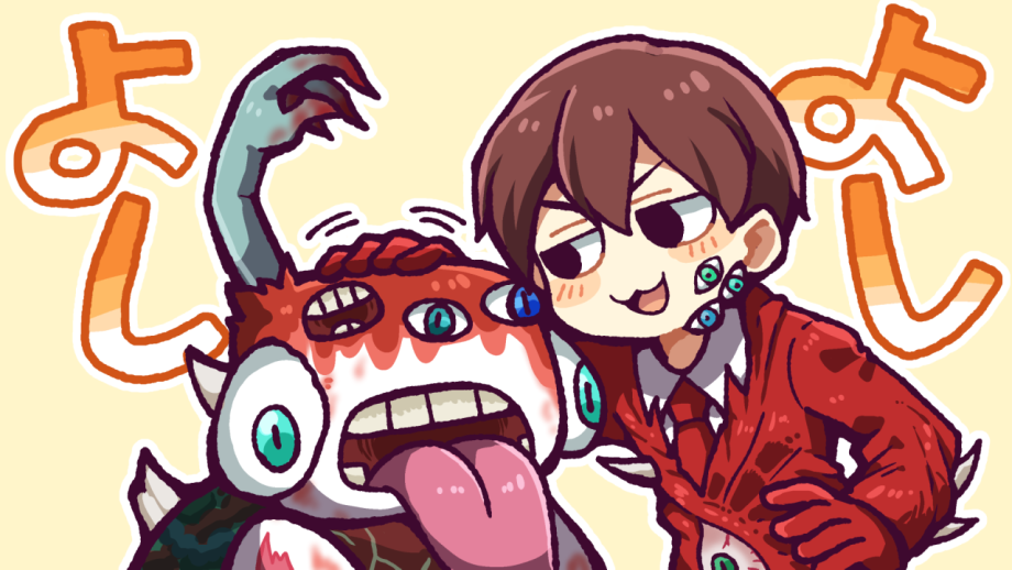 1boy black_eyes blue_eyes brown_hair collared_shirt commentary_request employee_(lobotomy_corporation) extra_eyes gloves green_eyes hand_on_own_hip hatake_shimeji jacket lobotomy_corporation long_sleeves necktie nothing_there open_mouth project_moon red_gloves red_jacket red_necktie shirt short_hair smile translation_request white_shirt yellow_background