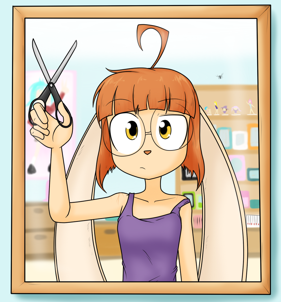 2020 anthro big_ears clothing detailed_background digital_drawing_(artwork) digital_media_(artwork) eyewear female fingers floppy_ears fur glasses hair hair_trimming inside lagomorph leporid long_ears mammal mirror mirror_reflection orange_hair personal_grooming rabbit reflection sandwich-anomaly scar scissors shirt short_hair solo styling_hair tan_body tan_fur tank_top topwear trimming_(grooming) victoria_(sandwich-anomaly) yellow_eyes