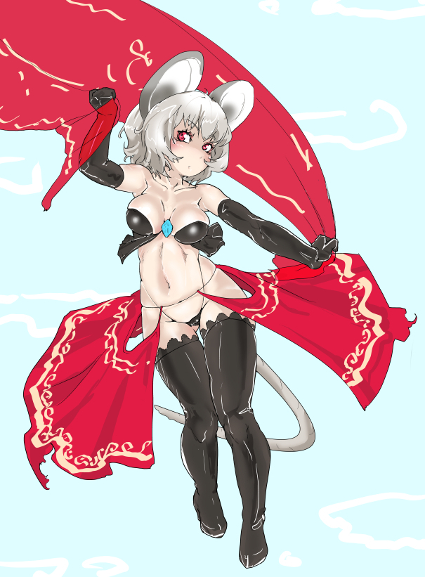 1girl animal_ears bandeau black_gloves black_panties black_thighhighs breasts commentary_request elbow_gloves gloves grey_hair highleg highleg_panties medium_breasts medium_hair mersoleil03 micro_panties mouse_ears mouse_girl mouse_tail navel nazrin panties red_eyes red_scarf red_skirt scarf skirt solo tail thighhighs thighs touhou underwear