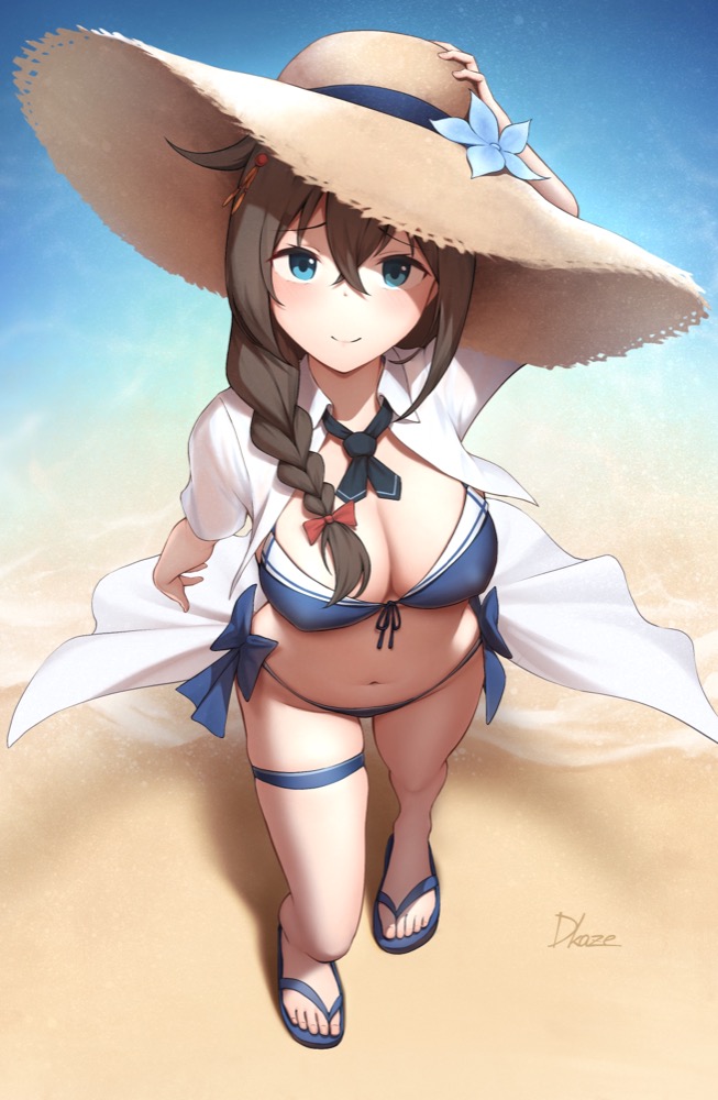 1girl beach bikini black_hair black_neckerchief blue_bikini blue_eyes braid closed_mouth collared_shirt commentary_request driftkingtw from_above front-tie_bikini_top front-tie_top full_body hair_between_eyes hair_ornament hair_over_shoulder hairpin hand_on_headwear hat kantai_collection long_hair looking_at_viewer navel neckerchief ocean official_alternate_costume open_clothes open_shirt outdoors paid_reward_available sandals shigure_(kancolle) shigure_kai_san_(kancolle) shirt side-tie_bikini_bottom signature single_braid smile solo straw_hat sun_hat swimsuit thigh_strap toes white_shirt