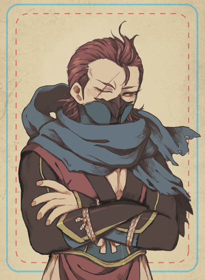 1boy armor blue_scarf crossed_arms fire_emblem fire_emblem_fates hair_slicked_back japanese_armor japanese_clothes looking_to_the_side male_focus mask masterpidies mouth_mask ninja ninja_mask one_eye_closed pectoral_cleavage pectorals red_hair saizo_(fire_emblem) scar scar_across_eye scarf