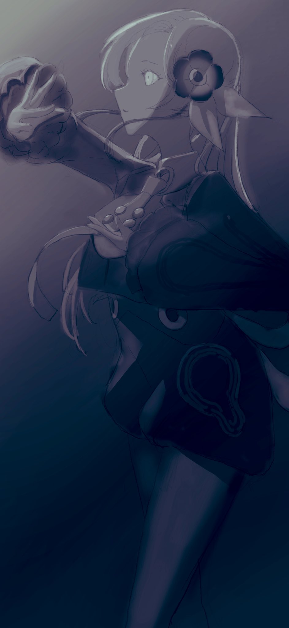 1girl cropped_shirt dark expressionless feet_out_of_frame flower ganbatte_iko hair_flower hair_ornament hands_up highres isekai_joucho kamitsubaki_studio long_hair long_sleeves looking_to_the_side monochrome multicolored_hair necktie pantyhose parted_lips profile shorts sketch solo two-tone_hair virtual_youtuber