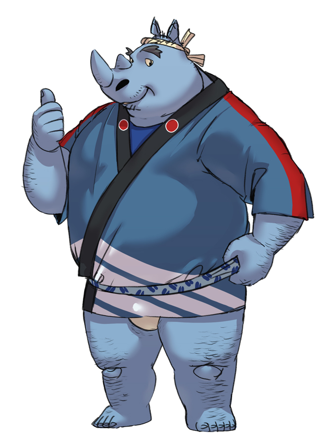 2023 amamiya anthro asian_clothing blue_body clothing east_asian_clothing fundoshi happi_(clothing) humanoid_hands japanese_clothing kemono male mammal musclegut overweight overweight_male rhinoceros simple_background solo underwear white_clothing white_fundoshi white_underwear