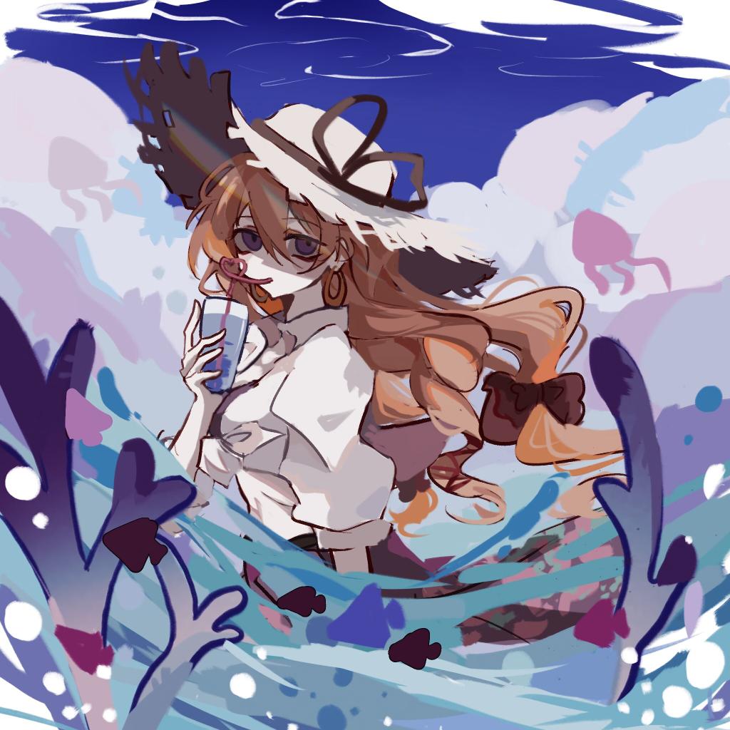 1girl black_ribbon blonde_hair bow cloud cloudy_sky commentary cup drinking_glass drinking_straw drinking_straw_in_mouth earrings floating_hair from_side hair_bow hat hat_ribbon holding holding_cup jellyfish jewelry long_hair looking_at_viewer looking_to_the_side partially_submerged purple_eyes purple_skirt red_bow ribbon shindiyue shirt skirt sky solo sun_hat touhou upper_body water white_headwear white_shirt yakumo_yukari