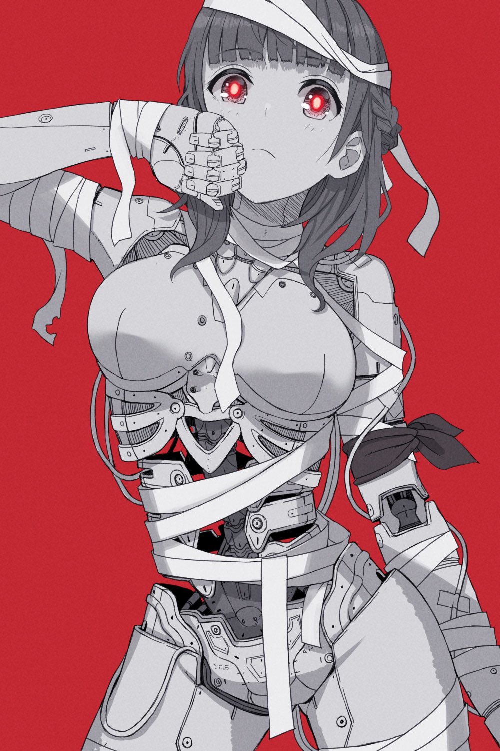 1girl android android_girl_(itou) arm_at_side bandages blunt_bangs braid breasts contrapposto cowboy_shot french_braid glowing glowing_eyes hand_on_own_face hand_up highres itou_(onsoku_tassha) light_frown looking_at_viewer mechanical_parts medium_breasts medium_hair monochrome original red_background red_eyes solo spot_color standing tourniquet wiping_mouth