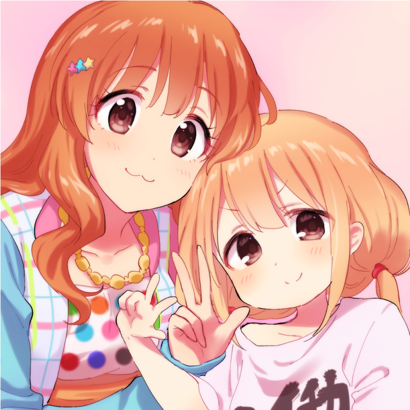 2girls blonde_hair blue21 blue_jacket blush breasts brown_eyes brown_hair closed_mouth collarbone dot_nose dress flat_chest futaba_anzu hair_ornament hair_tie hand_up idolmaster idolmaster_cinderella_girls idolmaster_cinderella_girls_starlight_stage jacket jewelry large_breasts long_hair looking_at_viewer low_twintails moroboshi_kirari multiple_girls necklace pink_background polka_dot polka_dot_dress print_shirt shirt short_sleeves simple_background smile star_(symbol) star_hair_ornament text_print twintails upper_body v-shaped_eyebrows w white_dress white_shirt