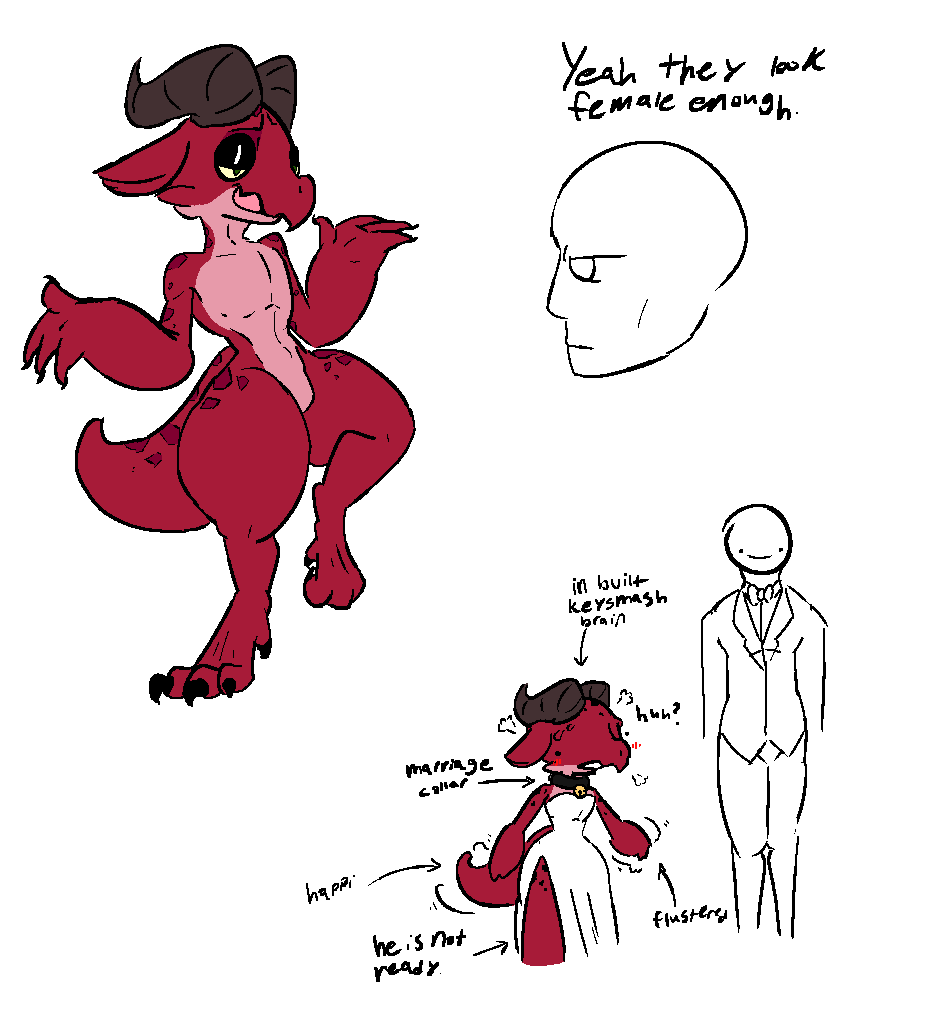 anthro blush botanics clothing collar darak dress duo flustered flustered_male girly human human_on_anthro interspecies kobold male male/male mammal married red_body red_scales scales scalie thick_thighs wedding wedding_dress