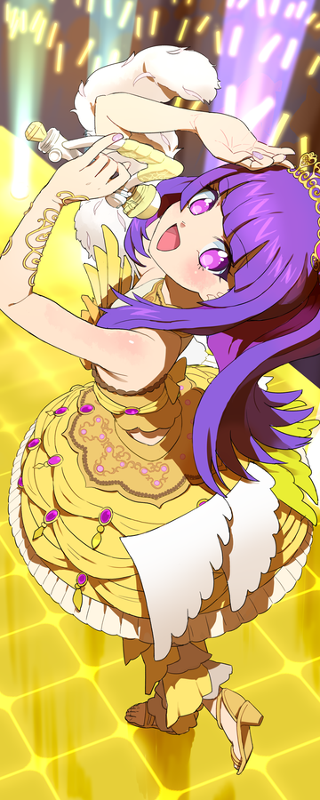 1girl :d bare_shoulders blunt_bangs blush cropped_shirt from_above full_body glowstick hanazono_shuka high_heels holding holding_microphone idol idol_clothes idol_time_pripara long_hair looking_at_viewer looking_up microphone moudoku_(decopon3rd) music nail_polish open_mouth penlight_(glowstick) ponytail pretty_(series) pripara purple_eyes purple_hair purple_nails sandals shirt singing skirt smile solo sparkle standing standing_on_one_leg tiara yellow_footwear yellow_shirt yellow_skirt