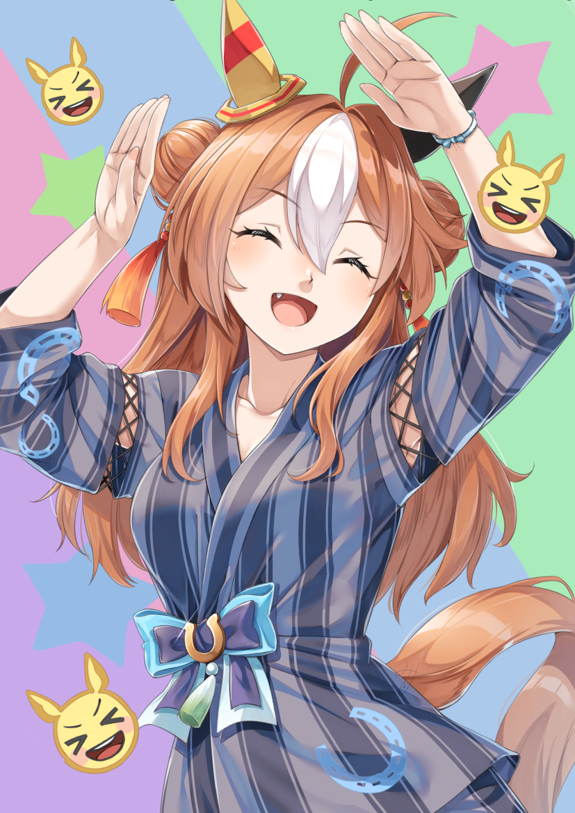 1girl :d ^_^ ahoge animal_ears arms_up blue_bow bow brown_hair closed_eyes commentary_request copano_rickey_(umamusume) double_bun emoji facing_viewer fang hair_bun hair_intakes horse_ears horse_girl horse_tail japanese_clothes kimono long_hair long_sleeves miri_(ago550421) multicolored_hair smile solo starry_background striped striped_kimono tail two-tone_hair umamusume vertical-striped_kimono vertical_stripes very_long_hair white_hair wide_sleeves