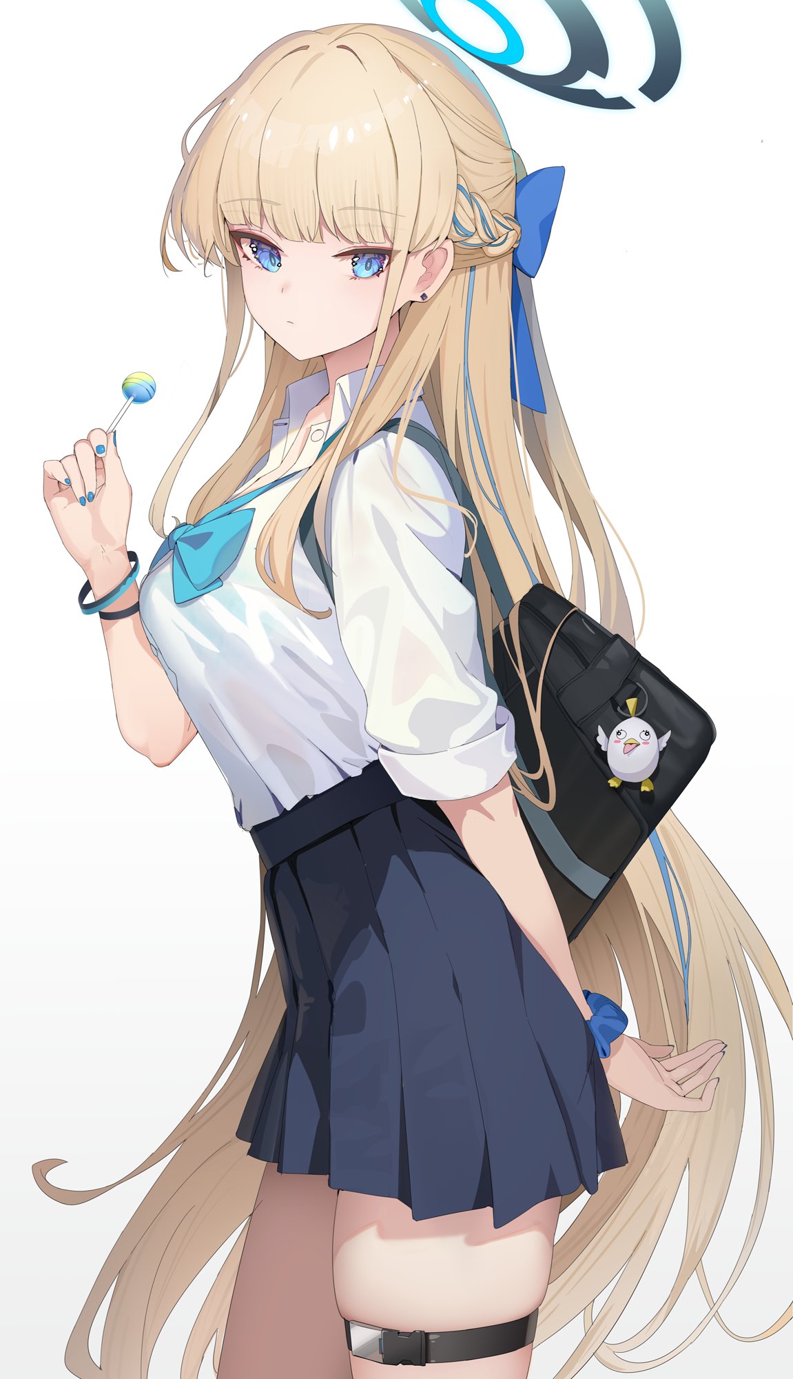 1girl bag black_skirt blonde_hair blue_archive blue_eyes blue_nails bow bowtie bra_visible_through_clothes braid breasts candy collared_shirt cowboy_shot expressionless food from_side hair_bow half_updo halo hand_up high-waist_skirt highres holding holding_candy holding_food holding_lollipop hukahire0120 lollipop long_hair looking_at_viewer looking_to_the_side medium_breasts multicolored_hair nail_polish pleated_skirt school_bag school_uniform scrunchie see-through shirt shirt_tucked_in skindentation skirt solo standing streaked_hair thigh_strap thighs toki_(blue_archive) very_long_hair white_shirt wrist_scrunchie wristband