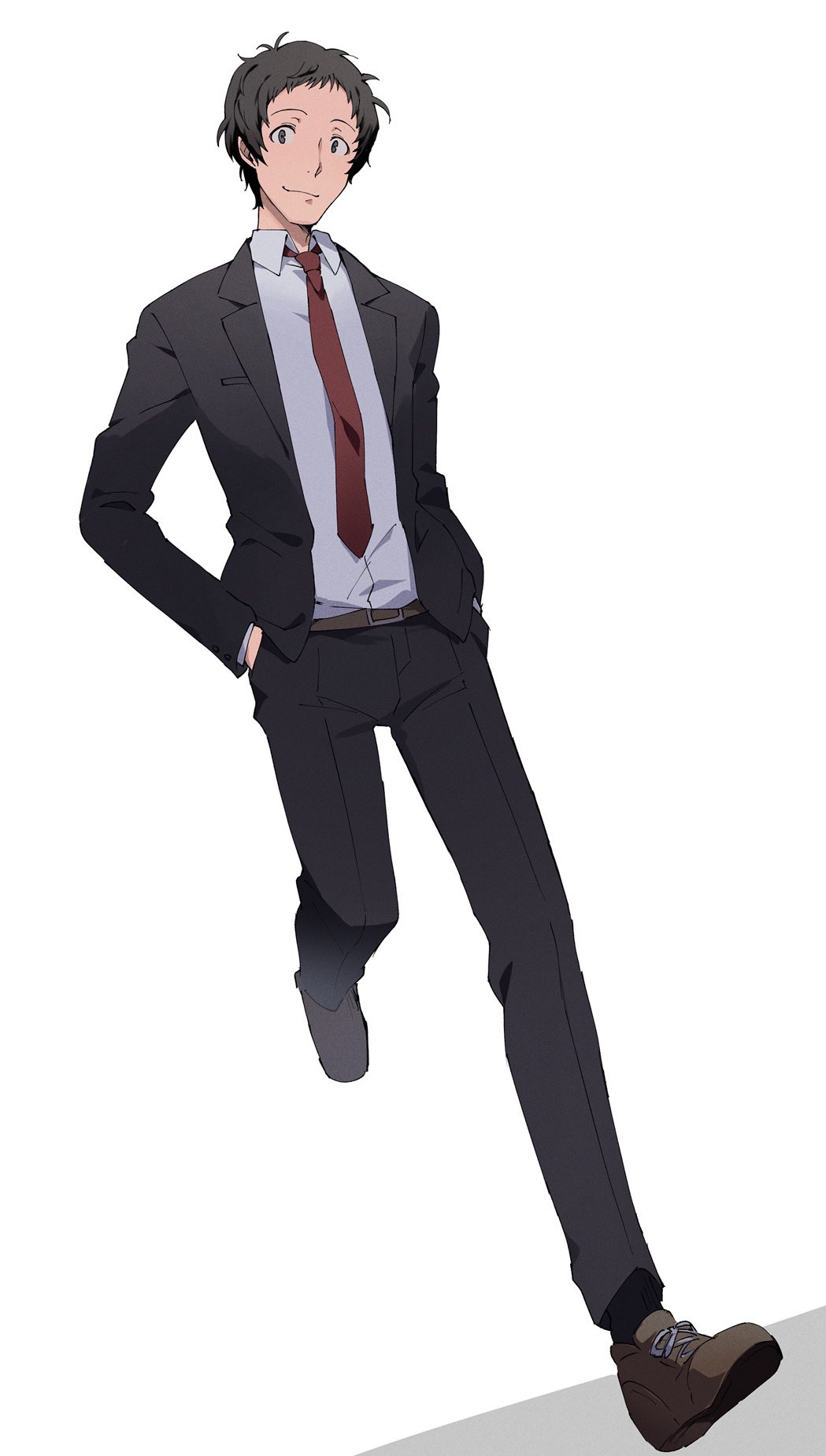 1boy adachi_tooru belt black_hair black_jacket black_pants brown_belt brown_footwear business_suit closed_mouth collared_shirt commentary_request full_body grey_eyes hands_in_pockets highres jacket long_sleeves looking_at_viewer male_focus necktie open_clothes open_jacket pants persona persona_4 red_necktie shirt shoes short_hair simple_background smile solo standing suit walking white_background white_shirt yoshino_saku