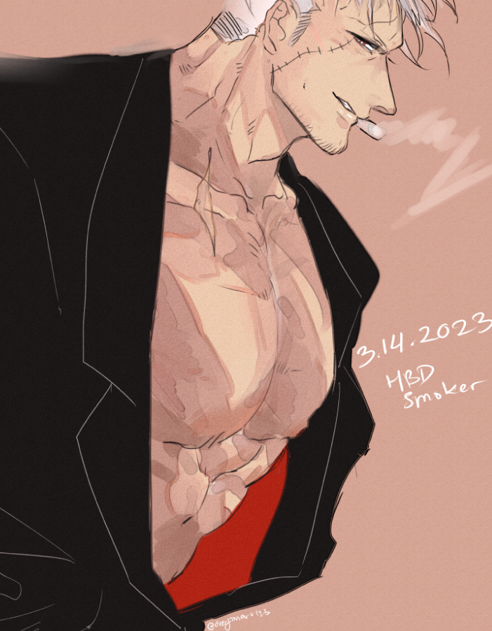 1boy abs alternate_costume bara bare_pectorals birthday cigar facial_hair formal from_side goatee large_pectorals long_sideburns looking_at_viewer male_focus mature_male muscular muscular_male one_piece orenjimaru pectorals seductive_smile short_hair sideburns smile smoker_(one_piece) smoking solo stomach stubble suit upper_body