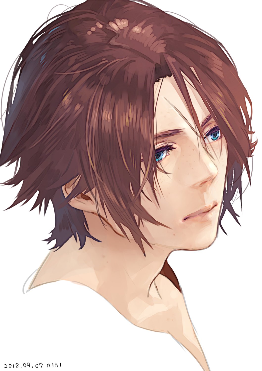 1boy adam's_apple blue_eyes brown_hair expressionless final_fantasy final_fantasy_viii headshot highres looking_to_the_side male_focus nini_tw99 parted_bangs scar scar_on_face scar_on_forehead short_hair simple_background solo squall_leonhart white_background