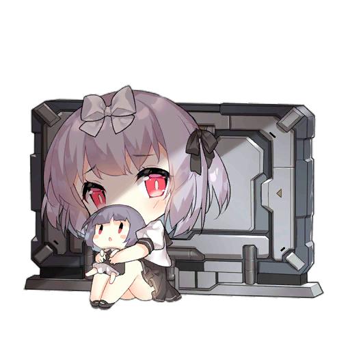 2girls :o against_wall behind_cover black_footwear black_ribbon black_sailor_collar black_skirt blush blush_stickers bow brown_dress carrying carrying_person chibi covered_mouth defense_fairy_(girls'_frontline) dress fairy_(girls'_frontline) full_body girls'_frontline grey_hair hair_bow hair_ribbon hug looking_at_viewer looking_up multiple_girls official_art puffy_short_sleeves puffy_sleeves red_eyes ribbon sailor_collar saru scared school_uniform shadow shirt short_hair short_sleeves simple_background sitting skirt slit_pupils third-party_source transparent_background wall white_bow white_shirt |_|