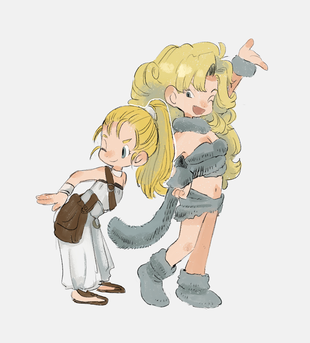 2girls ayla_(chrono_trigger) bare_shoulders blonde_hair boots breasts cavewoman chrono_trigger cleavage curly_hair fang full_body fur_boots fur_scarf fur_shirt fur_skirt grey_eyes grey_fur hair_tie hand_up kebe6p long_hair marle_(chrono_trigger) medium_breasts midriff miniskirt multiple_girls navel one_eye_closed open_mouth pants ponytail sandals shirt skirt smile strapless strapless_shirt white_pants white_shirt