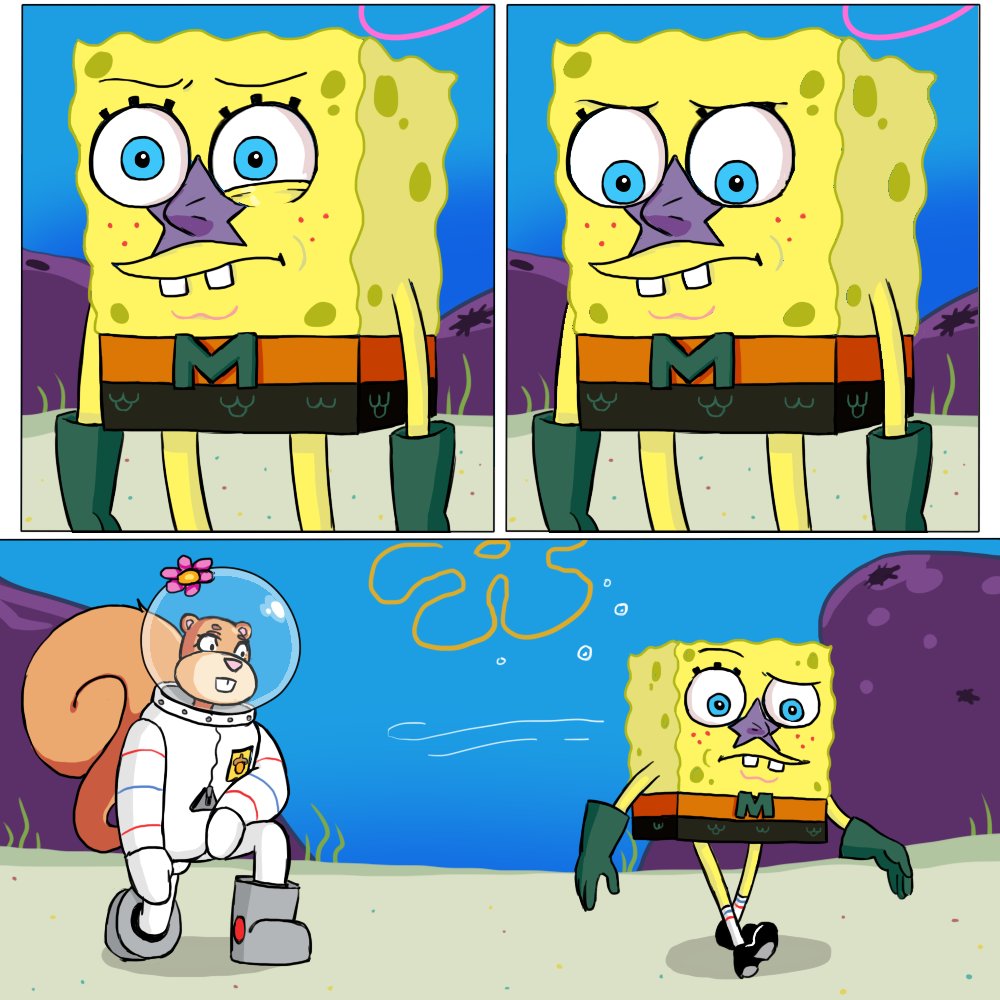 anthro b-intend blue_eyes boots bottomwear buckteeth clothed clothing comic digital_media_(artwork) diving_suit duo female footwear frown fur gloves handwear headgear looking_down male mammal marine nickelodeon outside rodent sandy_cheeks sciurid sea_sponge shoes spongebob_squarepants spongebob_squarepants_(character) standing teeth topwear tree_squirrel yellow_body