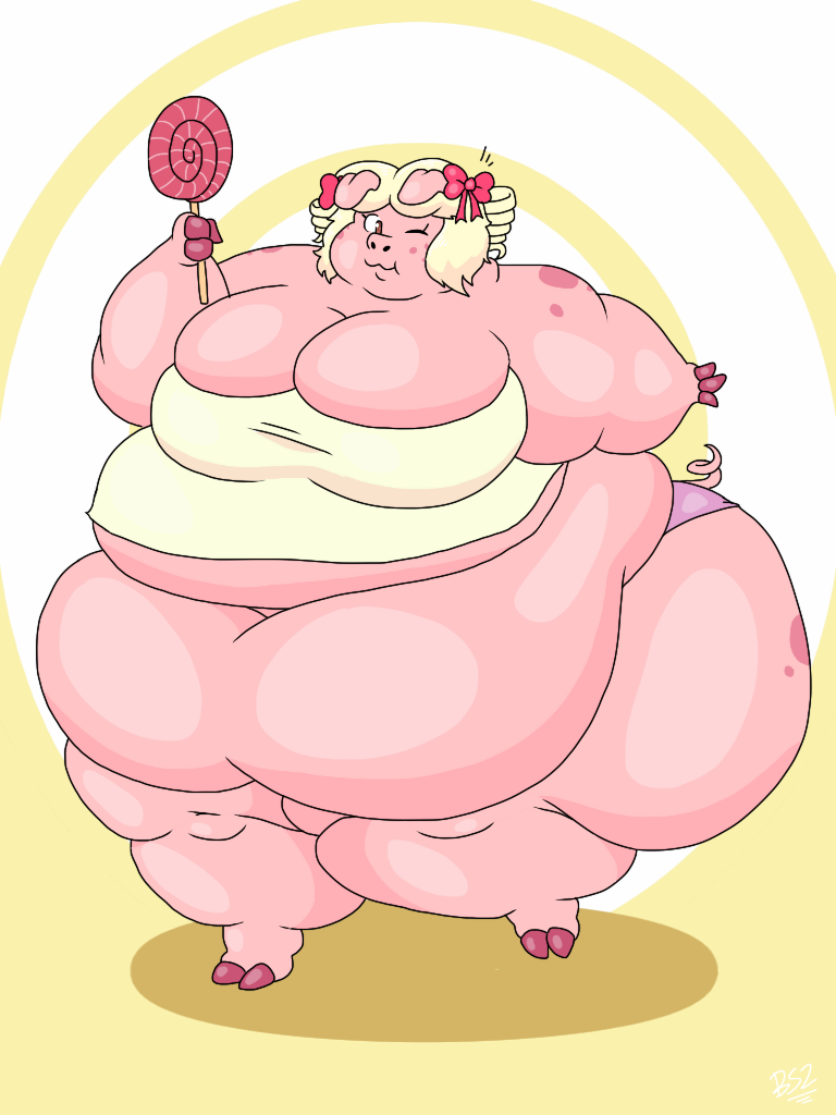 2018 3:4 3_fingers anthro bar_emanata batspid2 big_breasts big_butt biped blonde_hair bow_ribbon breasts brown_eyes butt candy cel_shading cleavage cleavage_overflow clothed clothing curled_tail daisy_(tubbytiger) dessert digital_drawing_(artwork) digital_media_(artwork) domestic_pig drill_curls emanata eyelashes female fingers flabby_arms food full-length_portrait hair holding_food holding_object hooves huge_belly huge_breasts huge_butt huge_thighs hyper hyper_butt hyper_hips hyper_thighs lollipop love_handles mammal markings midriff morbidly_obese morbidly_obese_anthro morbidly_obese_female navel obese obese_anthro obese_female on_one_leg one_eye_closed overweight overweight_anthro overweight_female panties pink_body pink_clothing pink_skin portrait ribbons shaded signature simple_background sleeveless_shirt solo spots spotted_markings standing suid suina sus_(pig) tail thick_thighs tight_clothing topwear tube_top underwear white_clothing