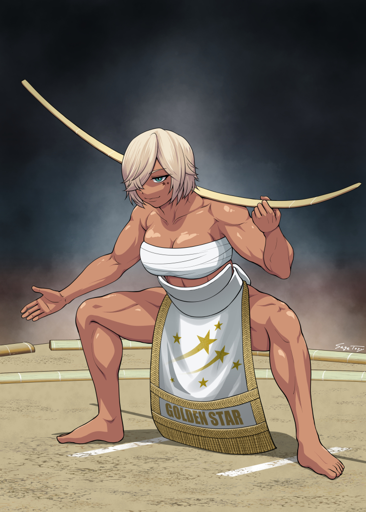 1girl binder blonde_hair blue_eyes borrowed_character breasts commission covered_eyes dark_skin japanese_clothes large_breasts muscular muscular_female original pixiv_commission sage_tory short_hair signature skeb_commission sumo