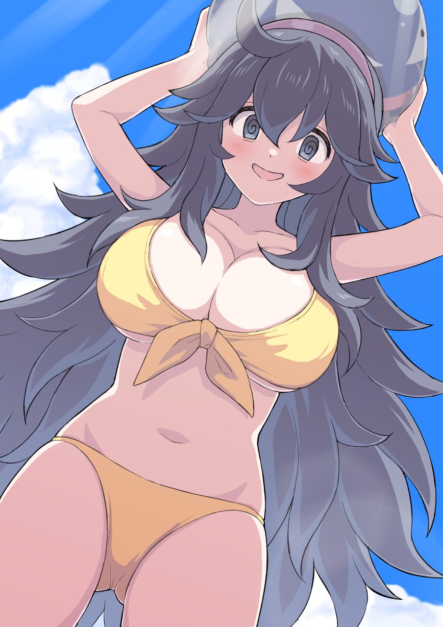 1girl ahoge bikini blue_sky cloud cloudy_sky hairband hex_maniac_(pokemon) highres holding_rock light_rays long_hair looking_at_viewer looking_down messy_hair on_head open_mouth perapera pokemon purple_eyes purple_hair purple_hairband sky smile solo swimsuit very_long_hair yellow_bikini