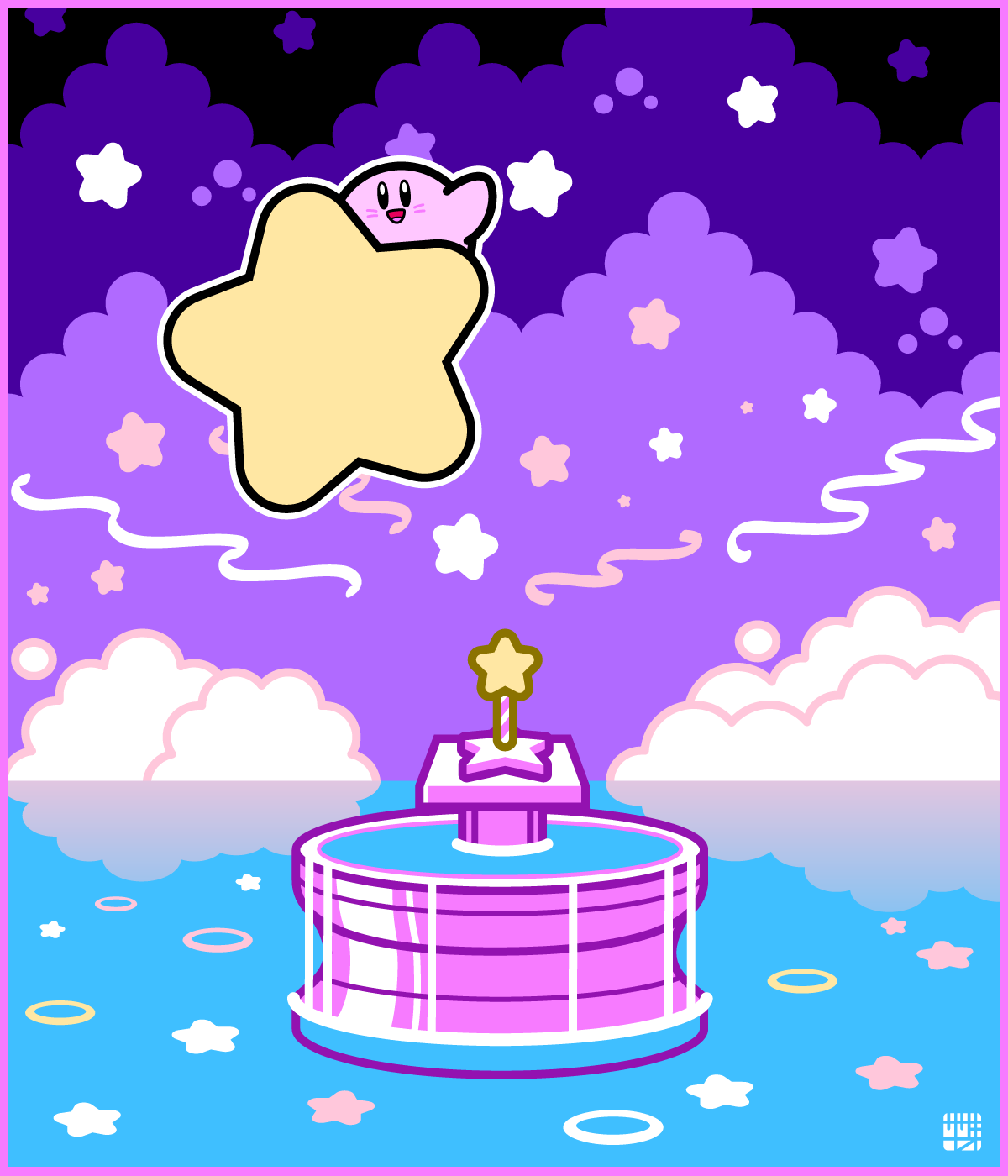 1boy black_eyes border bright_pupils cloud facial_mark fountain fountain_of_dreams highres kirby kirby's_dream_land kirby_(series) open_mouth pink_border sasakinao smile solo star_(symbol) star_rod warp_star water waving white_pupils