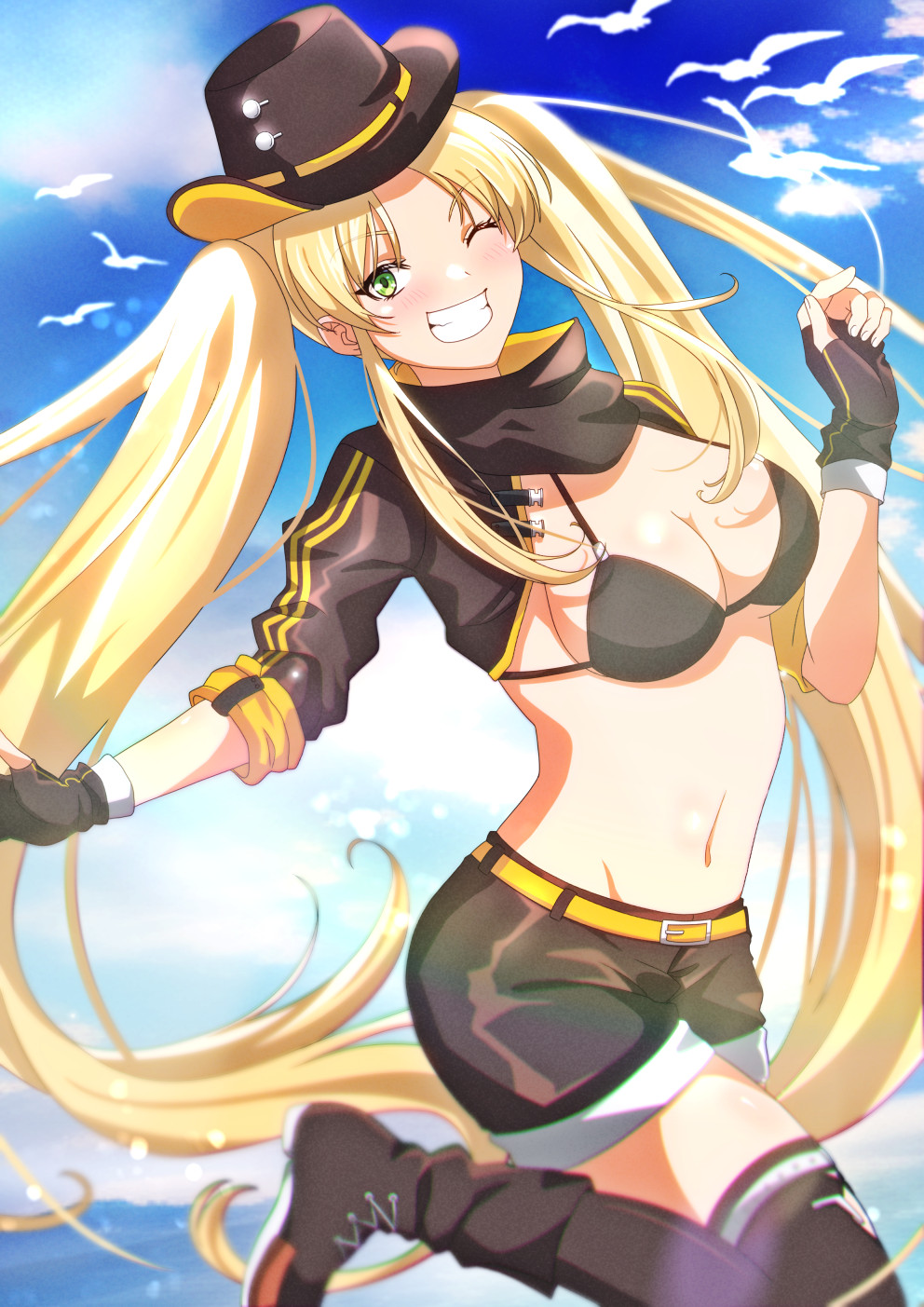 1girl azur_lane belt bikini bikini_top_only bird black_bikini black_footwear black_gloves black_shirt black_shorts black_thighhighs blonde_hair blue_sky blush boots breasts cleavage cloud commentary_request cowboy_hat cowboy_shot day fingerless_gloves front-tie_bikini_top front-tie_top gloves green_eyes grin groin hat highres hornet_(azur_lane) hornet_ii_(azur_lane) knee_boots long_hair looking_at_viewer medium_breasts murasaki_tsutsuji navel ocean one_eye_closed parted_bangs shirt short_shorts shorts shrug_(clothing) sidelocks skindentation sky smile solo standing standing_on_one_leg stomach swimsuit teeth thighhighs twintails very_long_hair yellow_belt