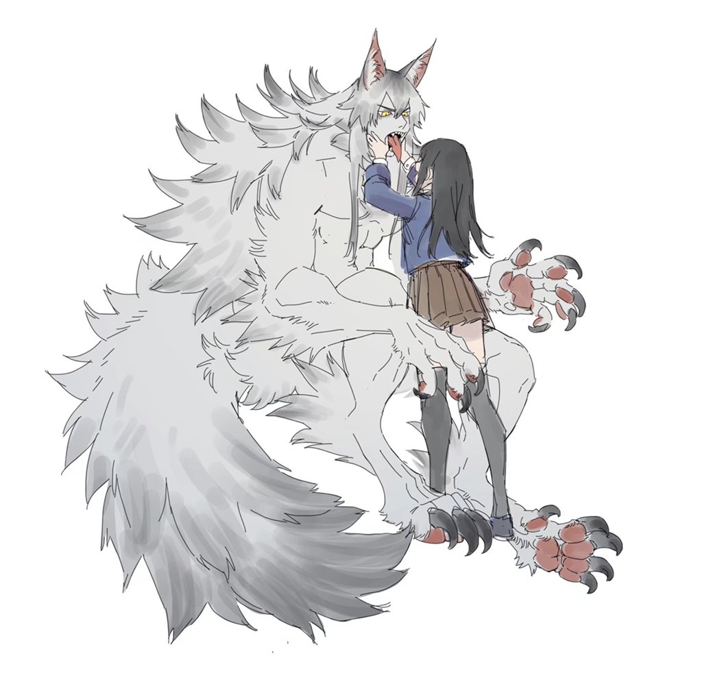 1boy 1girl animal_ear_fluff animal_ears animal_feet animal_hands body_fur brown_skirt claws commentary digitigrade fangs full_body grey_fur grey_hair hand_in_another's_mouth leviair long_hair looking_at_another monster_boy mouth_pull open_mouth original pleated_skirt sharp_teeth sidelocks simple_background sitting skirt slit_pupils solo standing symbol-only_commentary tail teeth thighhighs toned toned_male tongue tongue_out very_long_hair white_background wolf_boy wolf_ears wolf_tail yellow_eyes