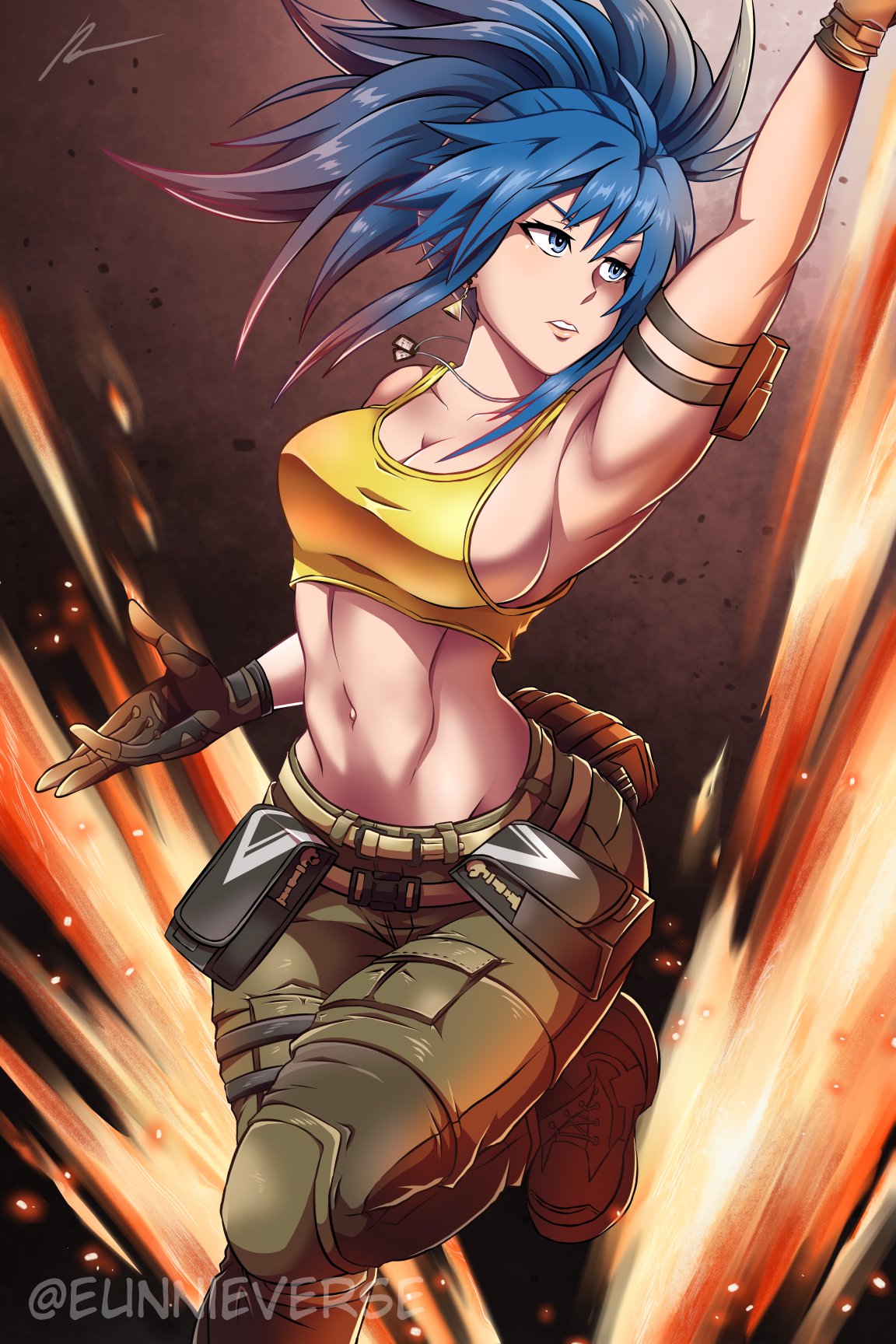 1girl abs bare_shoulders blue_eyes blue_hair breasts cleavage crop_top dog_tags earrings eunnieverse fingerless_gloves gloves highres jewelry large_breasts leona_heidern long_hair midriff navel pants ponytail solo tank_top the_king_of_fighters the_king_of_fighters_xv triangle_earrings twitter_username