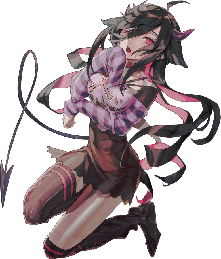 1girl ahoge black_dress black_hair black_thighhighs breasts choker czen demon_girl demon_tail dress hair_between_eyes half-closed_eyes horns long_hair long_sleeves looking_at_viewer multicolored_hair nijisanji open_mouth pink_eyes pink_hair sleeves_past_wrists solo striped_sleeves tail thighhighs transparent_background two-tone_hair virtual_youtuber yamiyono_moruru yamiyono_moruru_(1st_costume)