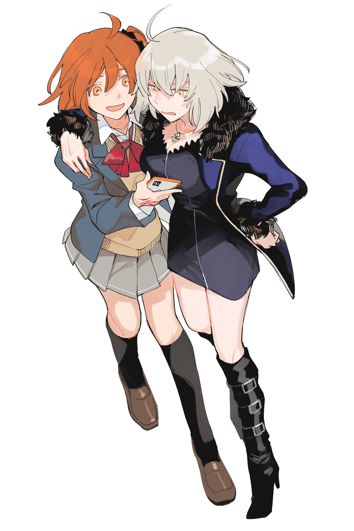 2girls :d ahoge arm_around_shoulder belt_boots black_dress black_footwear black_scrunchie black_socks blazer blue_jacket boots bow bowtie brown_footwear cellphone coat collared_shirt command_spell dress fate/grand_order fate_(series) fujimaru_ritsuka_(female) full-length_zipper full_body fur-trimmed_jacket fur-trimmed_sleeves fur_trim grey_hair grey_skirt hair_between_eyes hair_ornament hair_scrunchie hand_on_hip high_heel_boots high_heels highres holding holding_phone jacket jeanne_d'arc_alter_(fate) jeanne_d'arc_alter_(ver._shinjuku_1999)_(fate) jewelry kitada knee_boots kneehighs loafers looking_at_phone medium_hair multiple_girls necklace one_side_up open_clothes open_coat open_mouth orange_eyes orange_hair phone pleated_skirt red_bow red_bowtie school_uniform scrunchie shirt shoes short_dress short_hair simple_background skirt smartphone smile socks standing sweater_vest white_background white_shirt yellow_eyes yellow_sweater_vest zipper