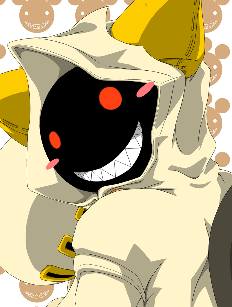 1girl animal_hood blazblue blush_stickers cat_hood commentary_request grin hood hood_up hoodie looking_at_viewer looking_back red_eyes sharp_teeth sidimi smile solo taokaka teeth white_background yellow_hoodie