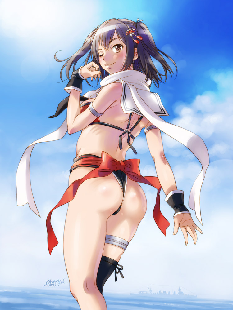 1girl ass bikini black_bikini black_thighhighs blue_sky breasts brown_eyes closed_mouth commission dated from_behind hair_ornament hand_up kantai_collection looking_at_viewer looking_back medium_breasts ocean one_eye_closed outdoors pixiv_commission red_bikini sailor_collar sameha_ikuya scarf sendai_(kancolle) sendai_kai_ni_(kancolle) signature single_thighhigh sky smile solo swimsuit thigh_strap thighhighs two-tone_bikini two_side_up white_sailor_collar white_scarf