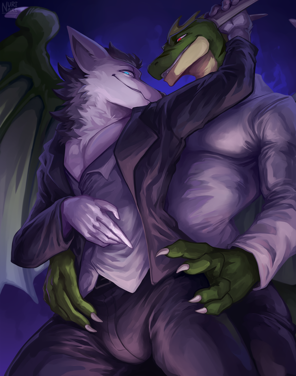 2023 4_fingers 5_fingers artist_name bottomwear canid canine canis claws clothing dragon duo eye_contact finger_claws fingers fur green_body hi_res jacket looking_at_another male mammal nurinaki pants smile suit teeth topwear white_body white_fur wolf