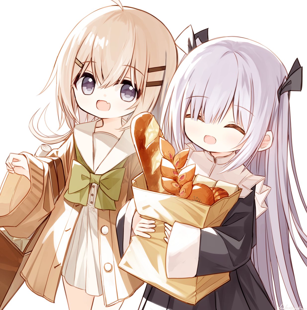 2girls :d ^_^ ahoge bag baguette black_dress black_ribbon bow bread brown_hair brown_jacket ciela_(yuuhagi_(amaretto-no-natsu)) closed_eyes commentary_request dress fang food green_bow grey_hair hair_between_eyes hair_ornament hair_ribbon hairclip highres hugging_object jacket long_hair long_sleeves multiple_girls original paper_bag pleated_dress purple_eyes red_girl_(yuuhagi_(amaretto-no-natsu)) ribbon simple_background sleeves_past_wrists smile two_side_up very_long_hair white_background white_dress wide_sleeves yuuhagi_(amaretto-no-natsu)