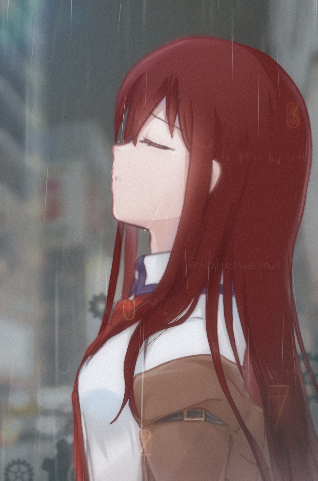 1girl artist_name blurry blurry_background breasts brown_jacket closed_eyes collared_shirt eyelashes from_side grey_sky highres jacket kanzaki_nyo long_hair makise_kurisu medium_breasts necktie off_shoulder open_clothes open_jacket outdoors rain red_hair red_necktie shirt sky solo steins;gate twitter_username upper_body white_shirt