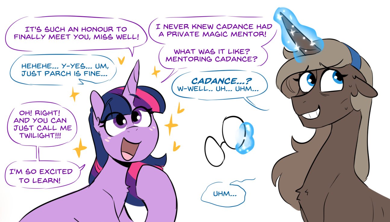 accessory blue_eyes blush dialogue duo english_text equid equine fan_character female friendship_is_magic hair_accessory hairband hasbro horn mammal my_little_pony parch_well_(oc) purple_eyes redxbacon sparkles text twilight_sparkle_(mlp) unicorn