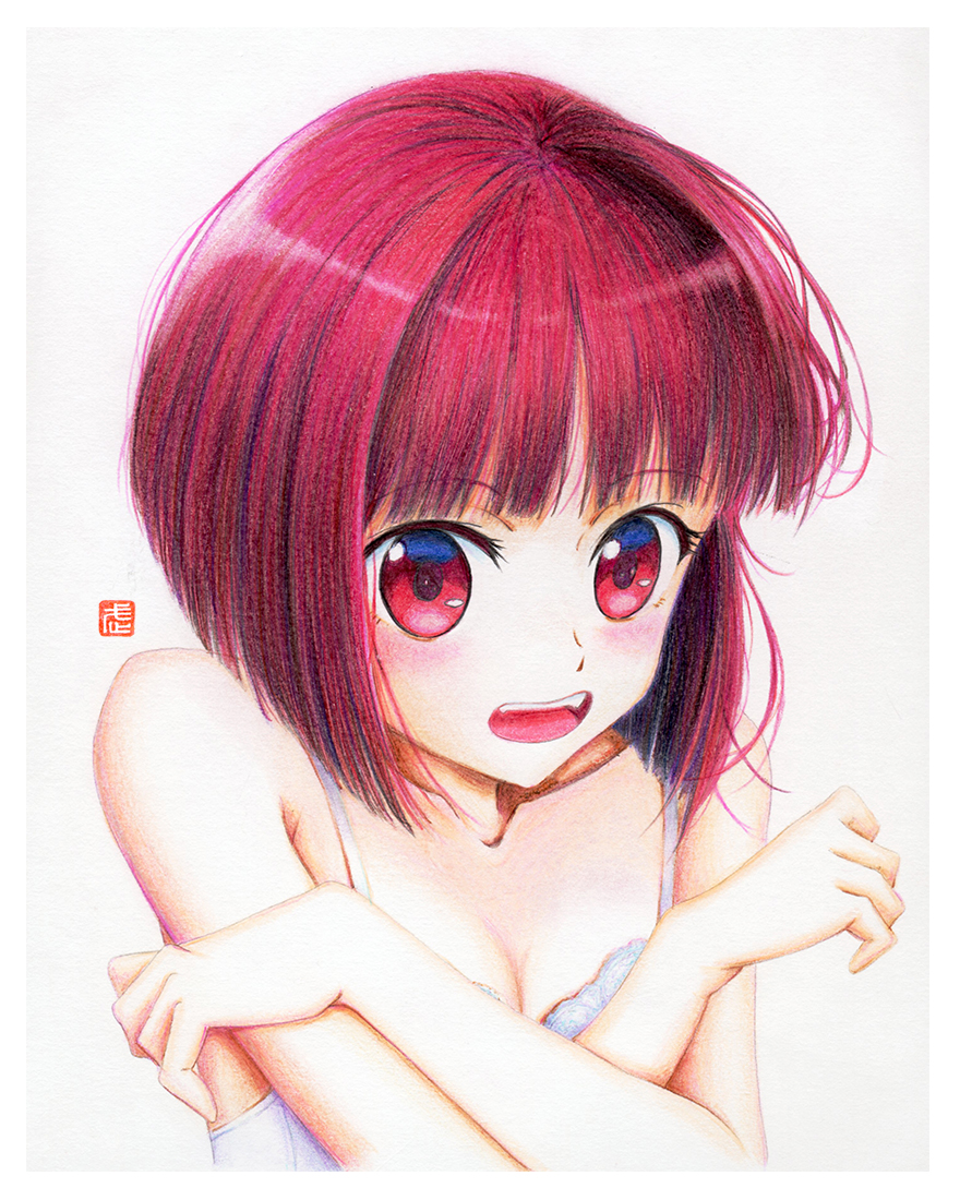 1girl arima_kana artist_name bare_shoulders blunt_bangs blunt_ends blush bob_cut border bra breasts cleavage close-up collarbone colored_pencil_(medium) commentary covering crossed_arms curled_fingers embarrassed hair_strand inverted_bob looking_at_viewer open_mouth oshi_no_ko red_eyes red_hair short_hair signature simple_background small_breasts solo surprised traditional_media underwear upper_body white_background white_border white_bra y_takeshinu_wan