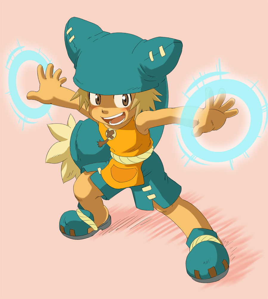 1boy animal_hat armpits blue_footwear blue_headwear blue_shorts blush brown_eyes hat magic male_child male_focus mitsui_jun open_mouth orange_shirt outstretched_arms pink_background shirt short_hair shorts sleeveless slippers solo teeth wakfu yugo_(wakfu)