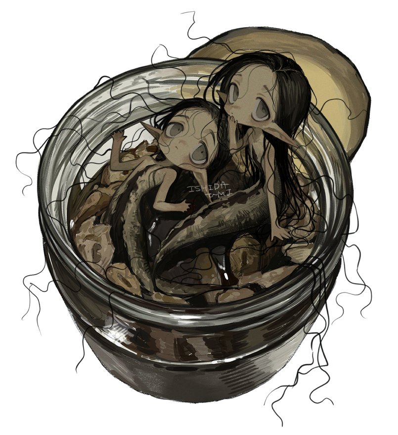 2girls artist_name black_hair brown_eyes closed_mouth completely_nude fish_(food) from_above hand_to_own_mouth in_container in_jar ishida_umi jar long_hair looking_at_viewer lying mermaid minigirl monster_girl multiple_girls nude on_back original pointy_ears sardine simple_background sitting very_long_hair watermark white_background