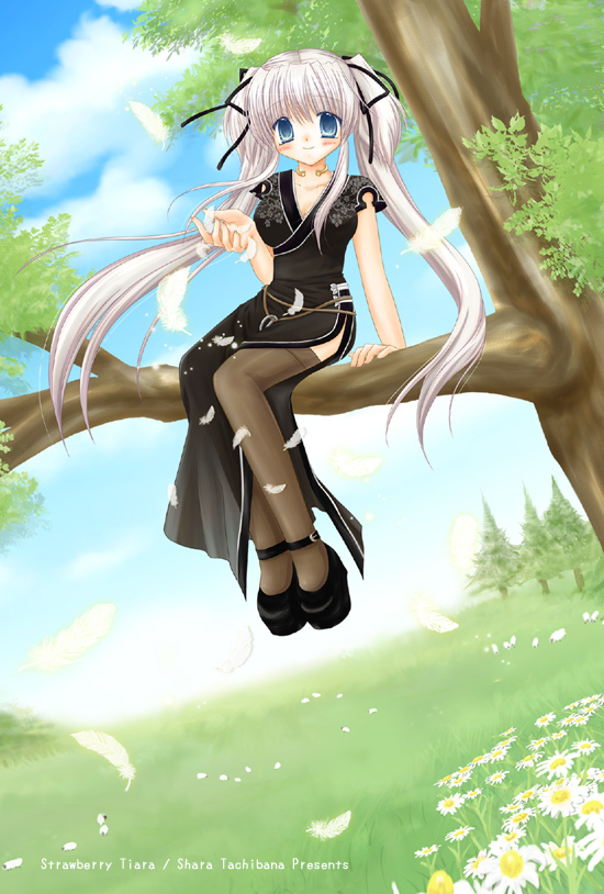 1girl 2000s_(style) artist_name black_dress black_footwear black_ribbon blue_eyes blue_sky blush breasts brown_thighhighs china_dress chinese_clothes cleavage closed_mouth cloud collarbone day dress feathers field floral_print flower grass hair_between_eyes hair_ribbon hand_up in_tree jewelry long_hair looking_at_viewer mabinogi medium_breasts nao_(mabinogi) neck_ring outdoors pine_tree print_dress ribbon shararan sheep shoes side_slit sidelocks sitting sitting_in_tree sky smile solo thighhighs tree twintails very_long_hair white_feathers white_flower zettai_ryouiki
