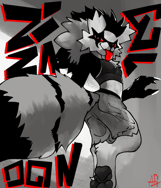 anthro aph_(artist) bottomwear cargo_shorts claws claws_out clothing comic fan_character female from_behind_position galarian_form galarian_zigzagoon generation_3_pokemon graffiti highlights_(coloring) mammal manga monochrome_fur mustelid nintendo pawpads paws pokemon pokemon_(species) rear_view red_highlights regional_form_(pokemon) sex shorts simple_background solo tomboy tongue tongue_out zigzagoon zoomies zoomies_(character)