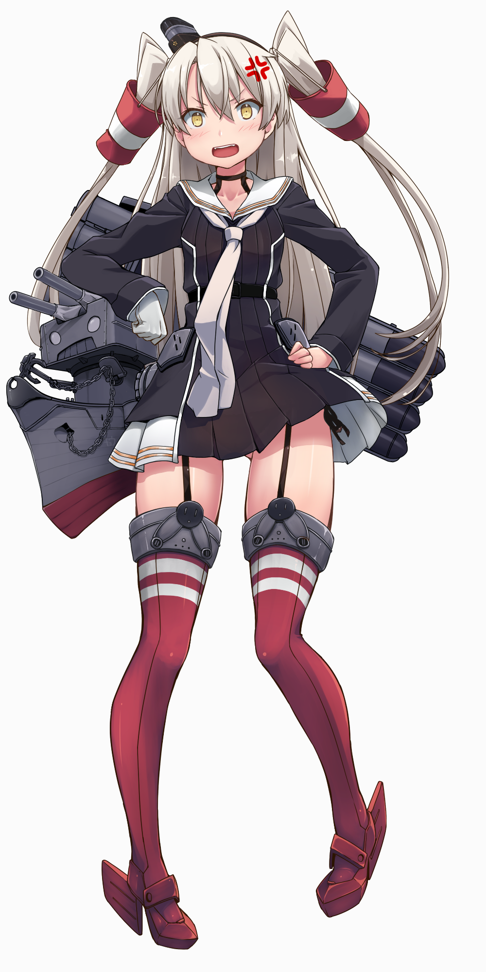 1girl amatsukaze_(kancolle) amatsukaze_kai_ni_(kancolle) blush garter_straps gloves grey_hair hair_between_eyes hair_tubes highres kantai_collection long_hair red_thighhighs rensouhou-kun rudder_footwear simple_background single_glove solo thighhighs tr-6 two_side_up white_background white_gloves yellow_eyes