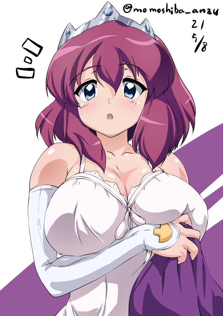 1girl :o babydoll blue_eyes breasts cleavage crown dated detached_sleeves henrietta_de_tristain large_breasts looking_at_viewer nafta purple_hair signature simple_background solo white_babydoll white_background zero_no_tsukaima