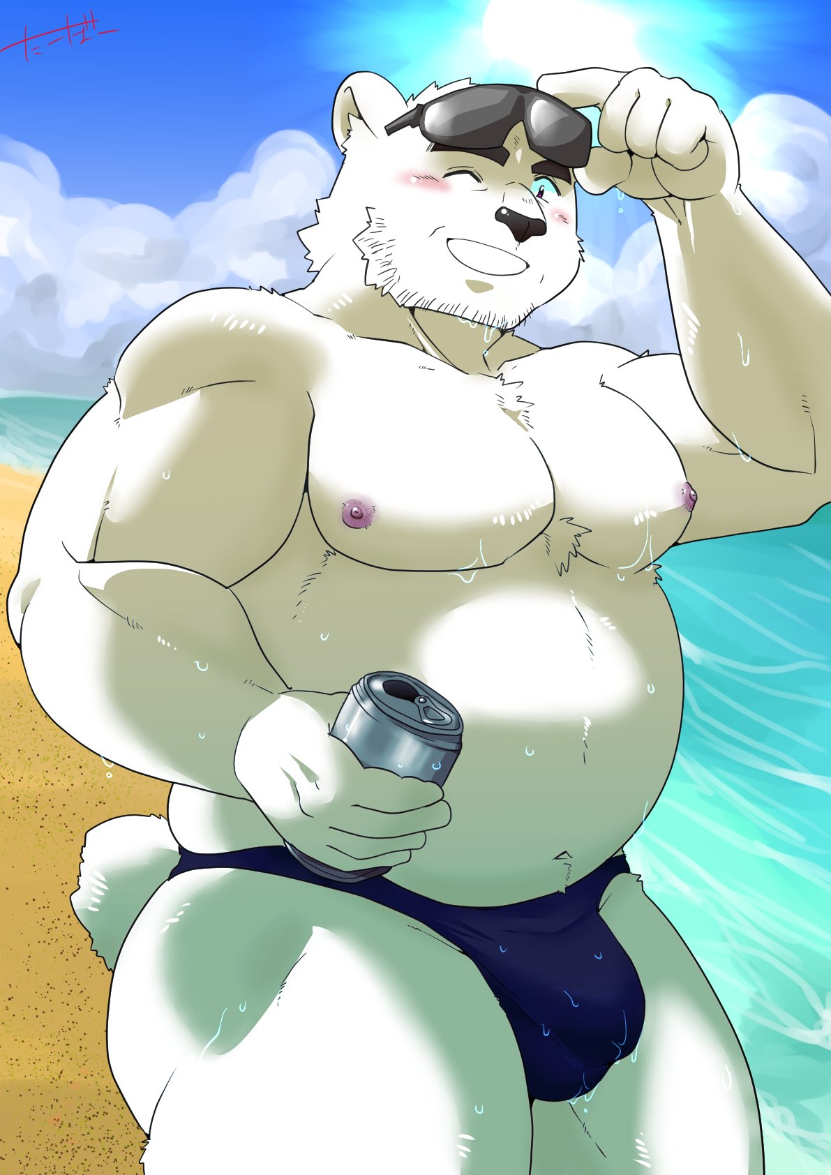 2023 anthro beach bear belly black_nose bodily_fluids bulge can clothing cloud container eyewear hi_res humanoid_hands kemono male mammal moobs musclegut navel nipples one_eye_closed outside overweight overweight_male polar_bear seaside solo sun sunglasses sweat swimwear tabo_bear ursine water white_body wink