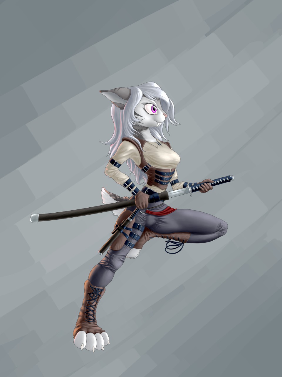 action_pose anthro armor fangs fantasy felid feline female form_fitting fur grey_body grey_fur hair hi_res katana machairodontine mammal melee_weapon pose purple_eyes sabertooth_(anatomy) shima_sonoma side_view solo solo_focus sword teeth unknown_artist weapon white_body white_fur white_hair