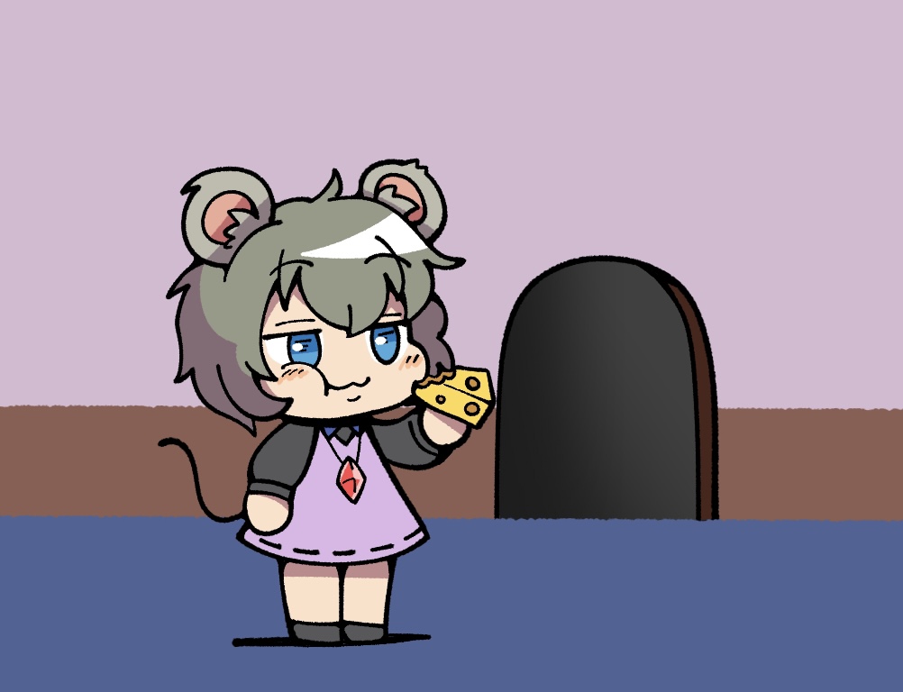 1girl :3 :t animal_ears blue_eyes blush cheese chibi closed_mouth commentary_request cookie_(touhou) dress eating fake_nyon_(cookie) food full_body gem grey_hair grey_shirt jewelry long_sleeves medium_bangs mini_person minigirl mouse_ears mouse_girl mouse_hole mouse_tail nazrin necklace pinafore_dress pink_dress red_gemstone shirt short_hair sleeveless sleeveless_dress smile sn_(zigzagspark6) solo standing tail touhou